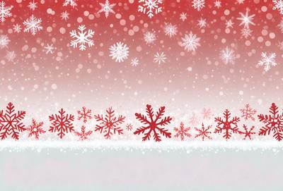The primary subject of the image is a snowy scene featuring a red background with white snowflakes. The setting is a winter landscape, and the visual style is a combination of photo and digital art. The dominant colors are red and white, creating a warm and festive atmosphere.